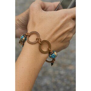 Hammered Copper Bracelet Turquoise Bead Dangles Adjustable 7.5-9.5" Boho Jewelry